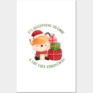 Cute Fox Wearing Santa Hat and Christmas Gifts Posters and Art